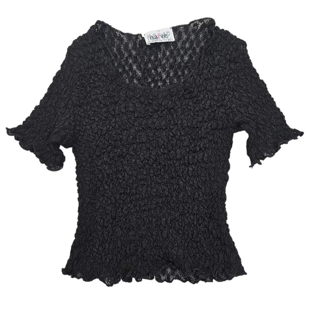 Y2k Euro Black Ruched Baby Tee Vintage Semi Sheer Made In Italy - Medium
